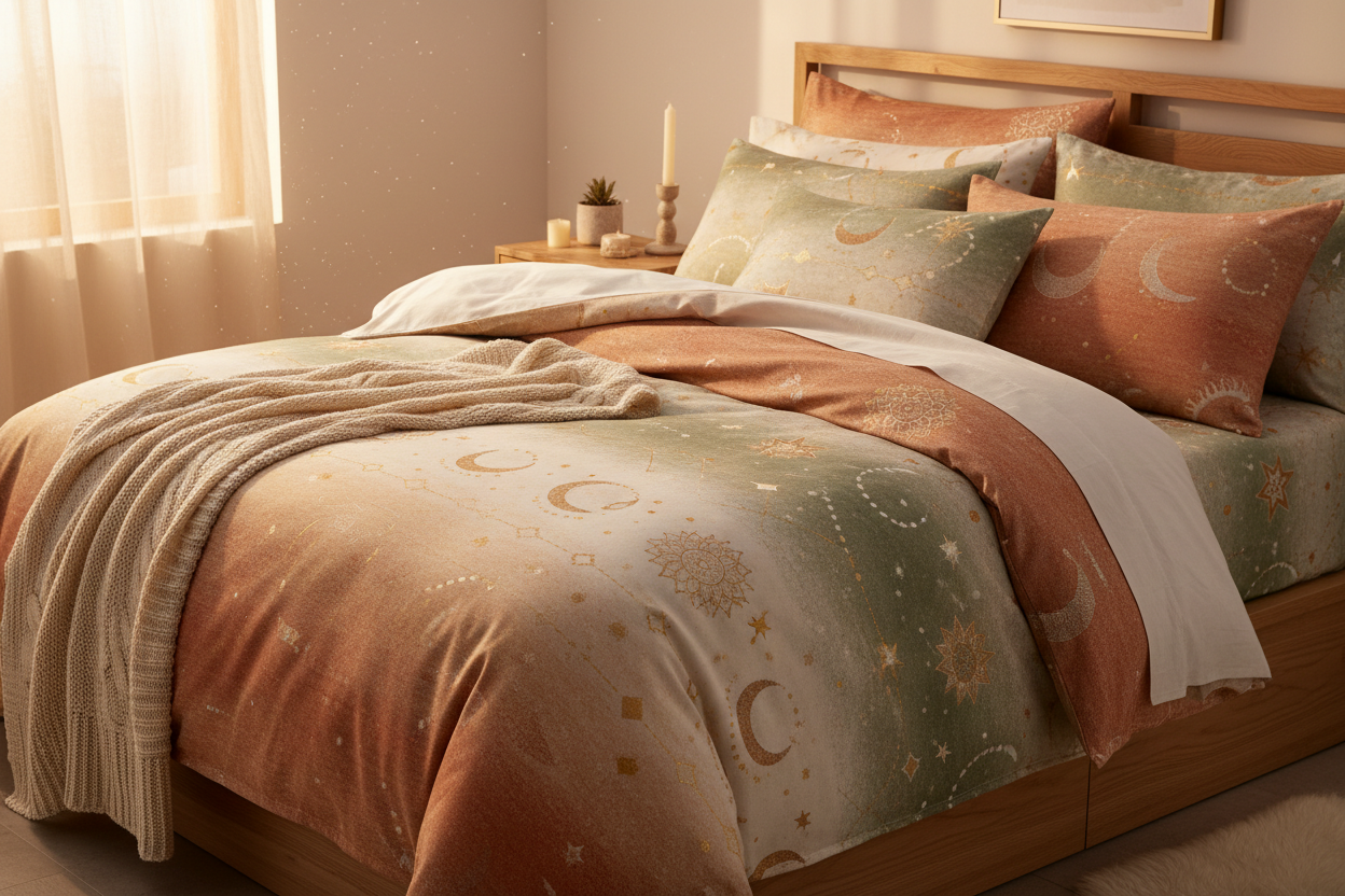 Sacred Comfort Queen Duvet Cover on a beautifully made bed